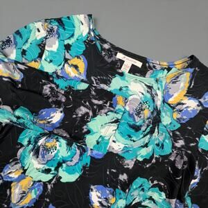 JM Collection Floral Stretch Top Medium Black Teal Long Sleeve Workwear